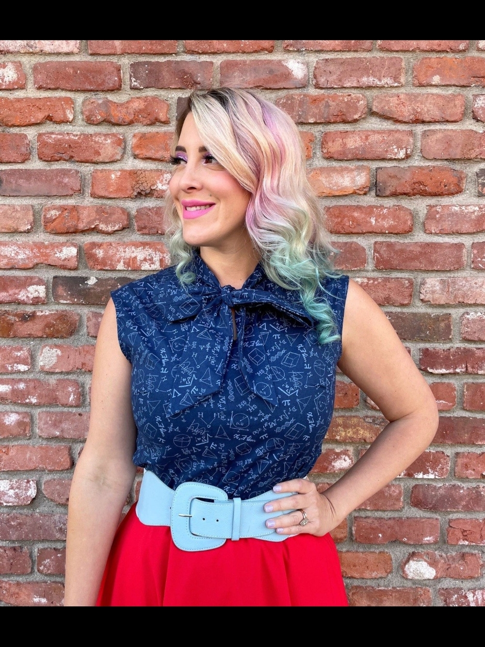 RETROLICIOUS MODCLOTH Blue Math Geek Nerd School Neck Tie Sleeveless Blouse 3X